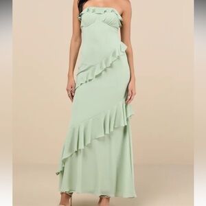 NWT Lulu's Dramatic Allure Sage Green Ruffled Cutout Strapless Maxi Dress